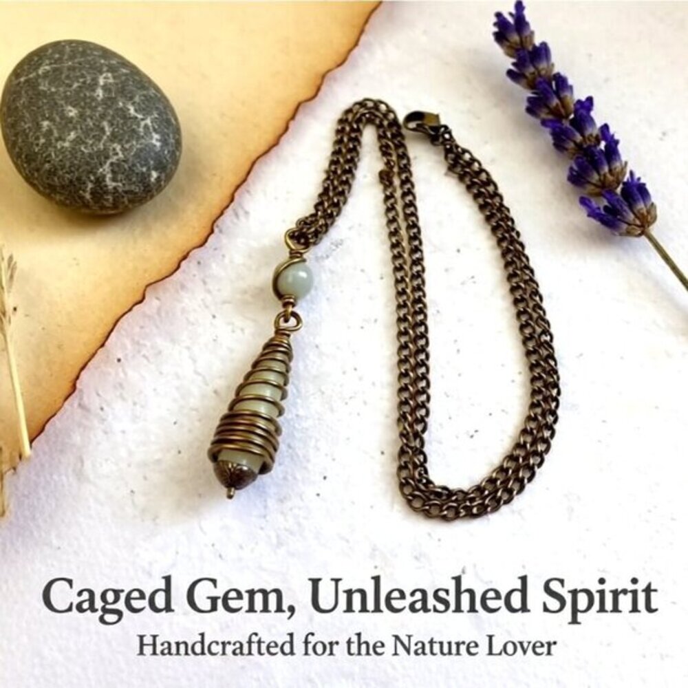 Earth Mother Sage Agate Pendant • Woodland Herbal Green Caged Teardrop Necklace - Picture 2 of 14